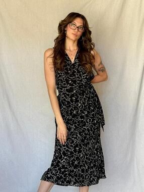 90s Black Floral Sleeveless Wrap Dress